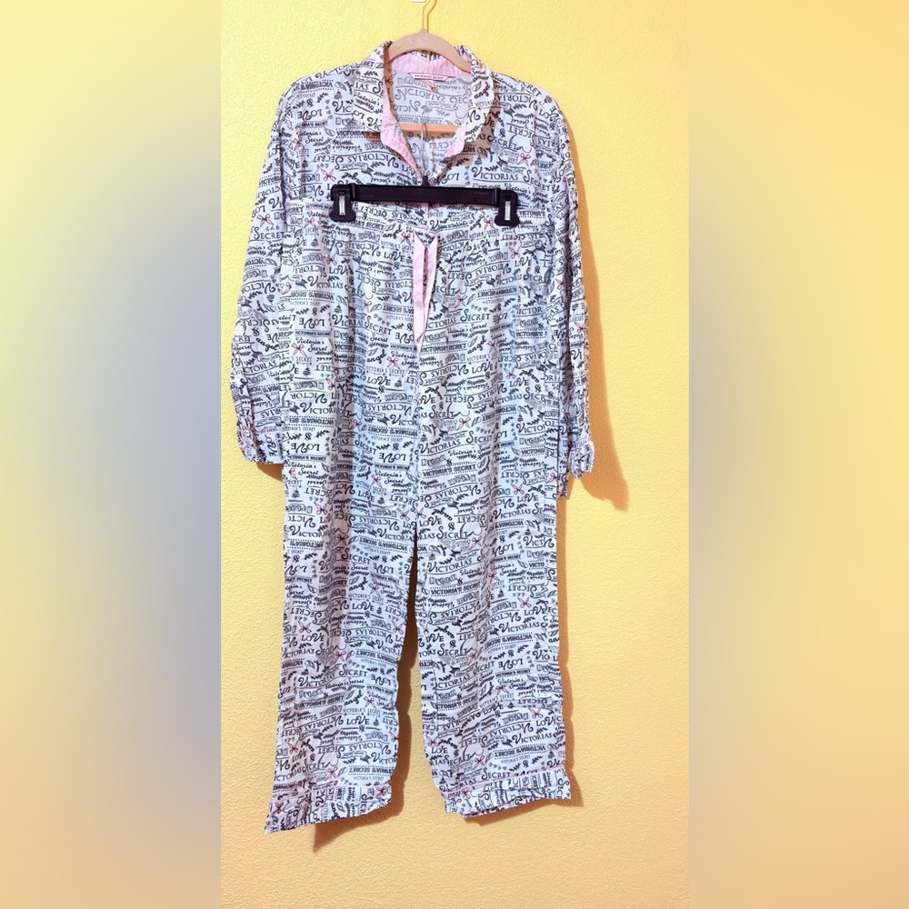 Victoria’s Secret Flannel Pajama Set  L Logo Print Button Up Shirt Pants 2 Piece